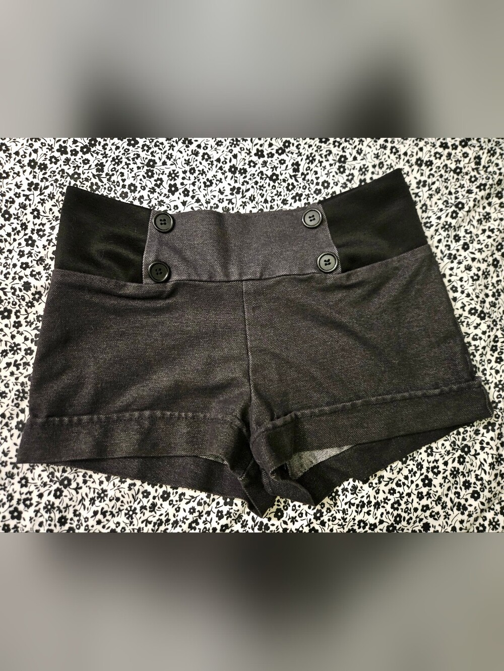 Gray And Black Mini Shorts With Multiple Decorative Buttons And Cuffed Hem